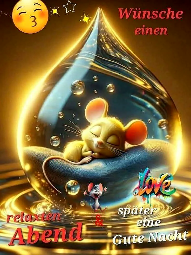 Ein niedliches gelbes Mäuschen schläft in einer gläsernen Wassertropfen-Form, umgeben von goldenen Lichtreflexen und Wasserblasen. Ein kleiner Cartoon-Mouse steht daneben.