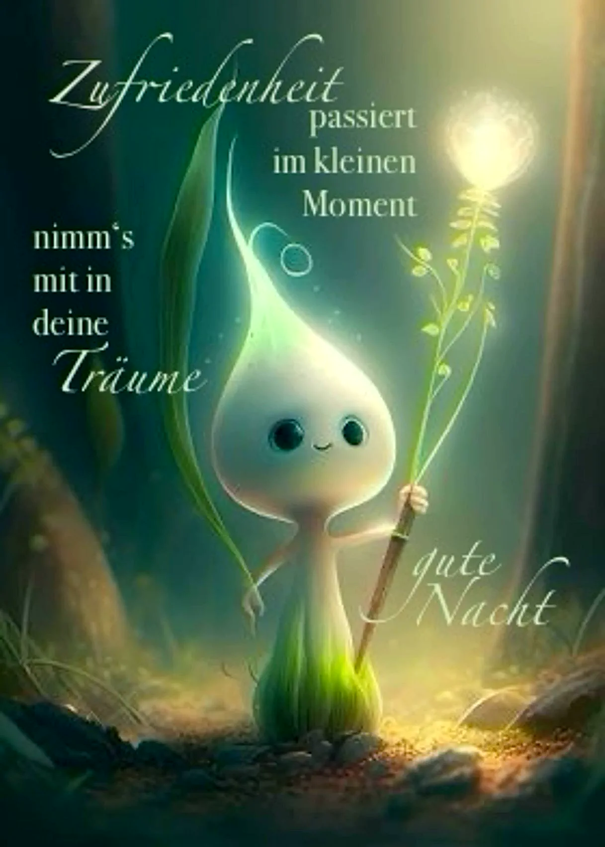 Ein kleines, freundliches Wesen mit großen Augen hält einen Stock mit einer Pflanze in der Hand. Es steht in einer dunklen Umgebung mit einem hellen Licht im Hintergrund.