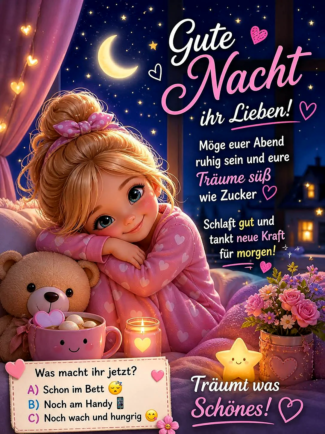 Süßes Mädchen im rosa Pyjama kuschelt mit Teddybär im Bett. Ein leuchtender Mond und funkelnde Sterne zeigen die Nacht. Warme Lichter, eine Kerze und Blumen schaffen eine friedliche Schlafenszeit-Stimmung.
