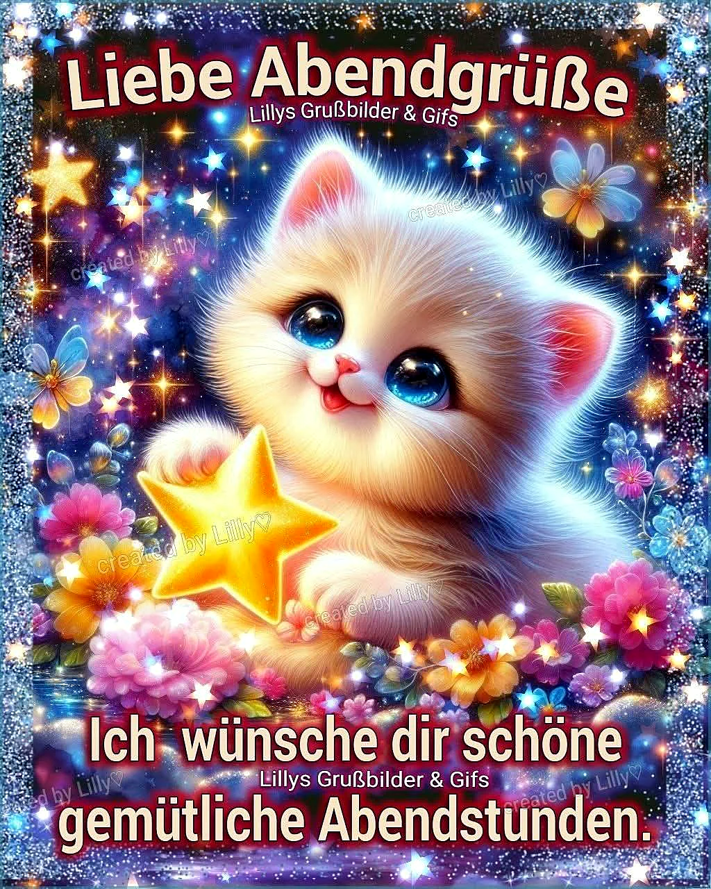 Ein niedliches, flauschiges Kätzchen mit großen, blauen Augen hält einen funkelnden Stern. Es ist umgeben von glitzernden Sternen und leuchtenden Blumen vor einem magischen, dunkelblauen Nachthimmel, der Geborgenheit ausstrahlt.