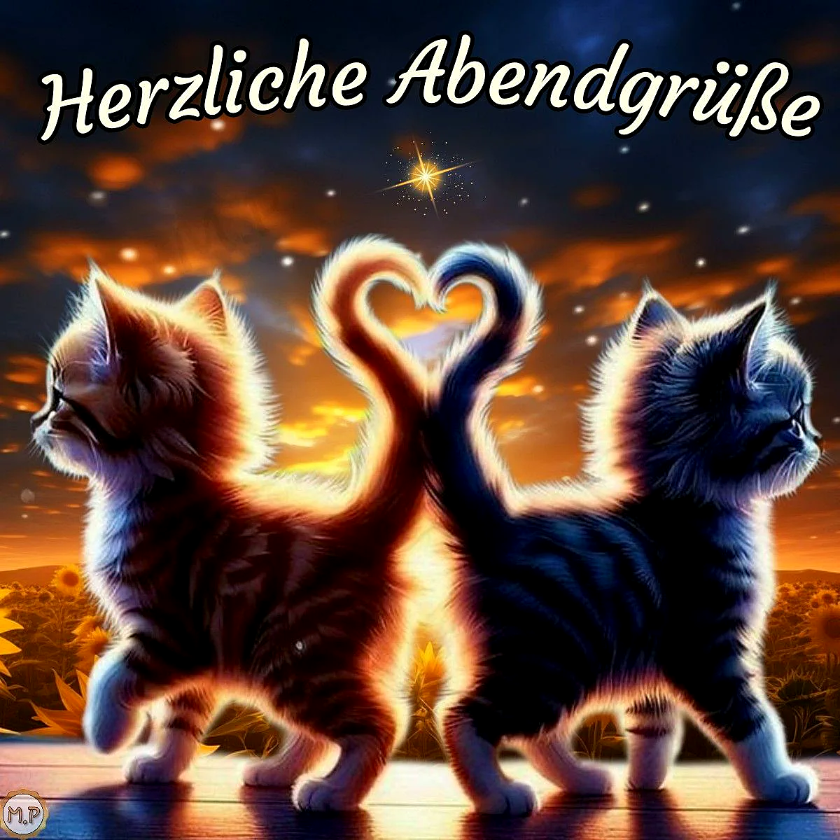 Ein digitales Bild von zwei Katzen, die auf einem Holzfußboden stehen und ihre Schwänze in Form eines Herzens verschlingen. Im Hintergrund ein sonniger Himmel mit Sonnenblumen.