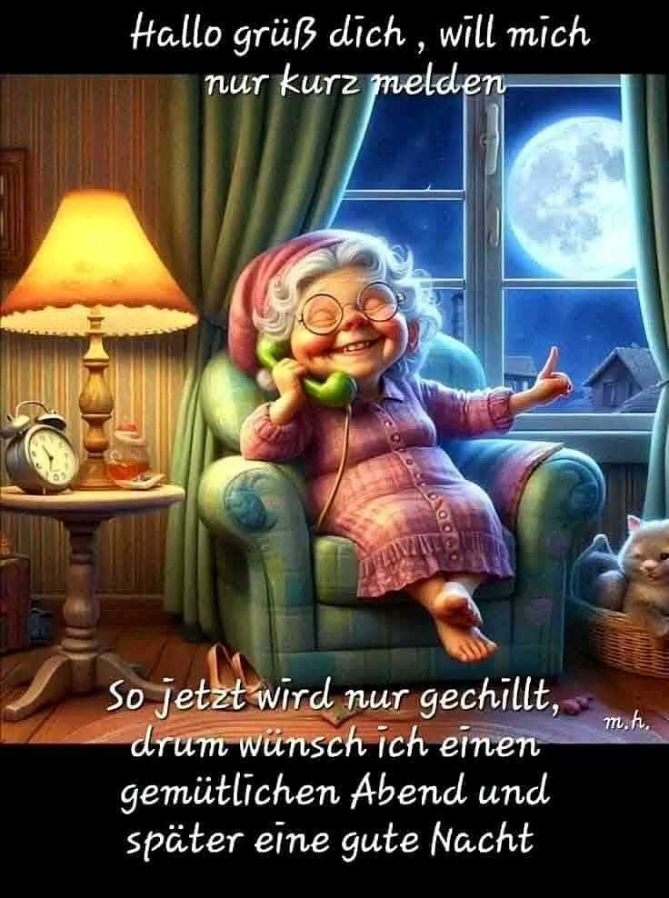 Eine lachende Cartoon-Oma sitzt gemütlich im Sessel, telefoniert und zeigt mit dem Daumen nach oben. Im Hintergrund leuchtet ein großer Vollmond durchs Fenster. Eine Katze kuschelt im Korb. Warme Nachttischlampe. Eine herzliche Szene für Gute-Nacht-Grüße.