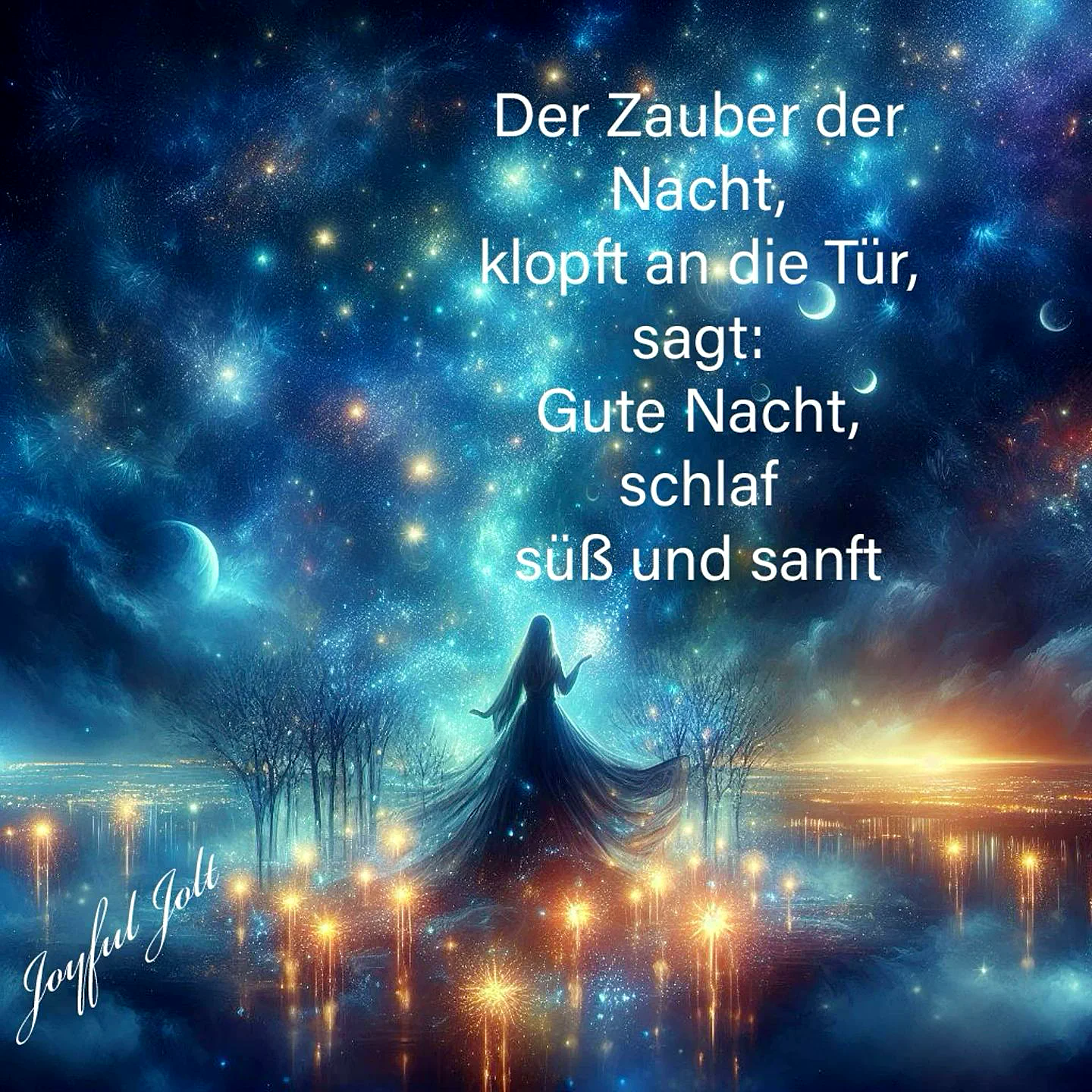 Magische Nachtlandschaft mit einer Frauensilhouette in fließendem Kleid, umgeben von funkelnden Sternen und reflektierenden Lichtern auf dem Wasser. Ein Planet und ein Spruch für eine süße gute Nacht vervollständigen das verträumte Bild.