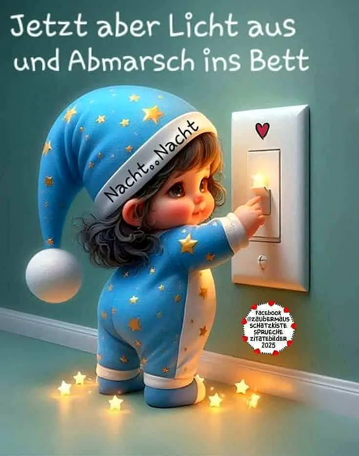 Ein entzückendes Kleinkind in einem sternenbesetzten blauen Schlafanzug schaltet verträumt das Licht aus. Goldene Sterne leuchten am Boden, während die Mütze zum Schlaf ruft. Ein herzliches Gute-Nacht-Bild für ruhige Träume.