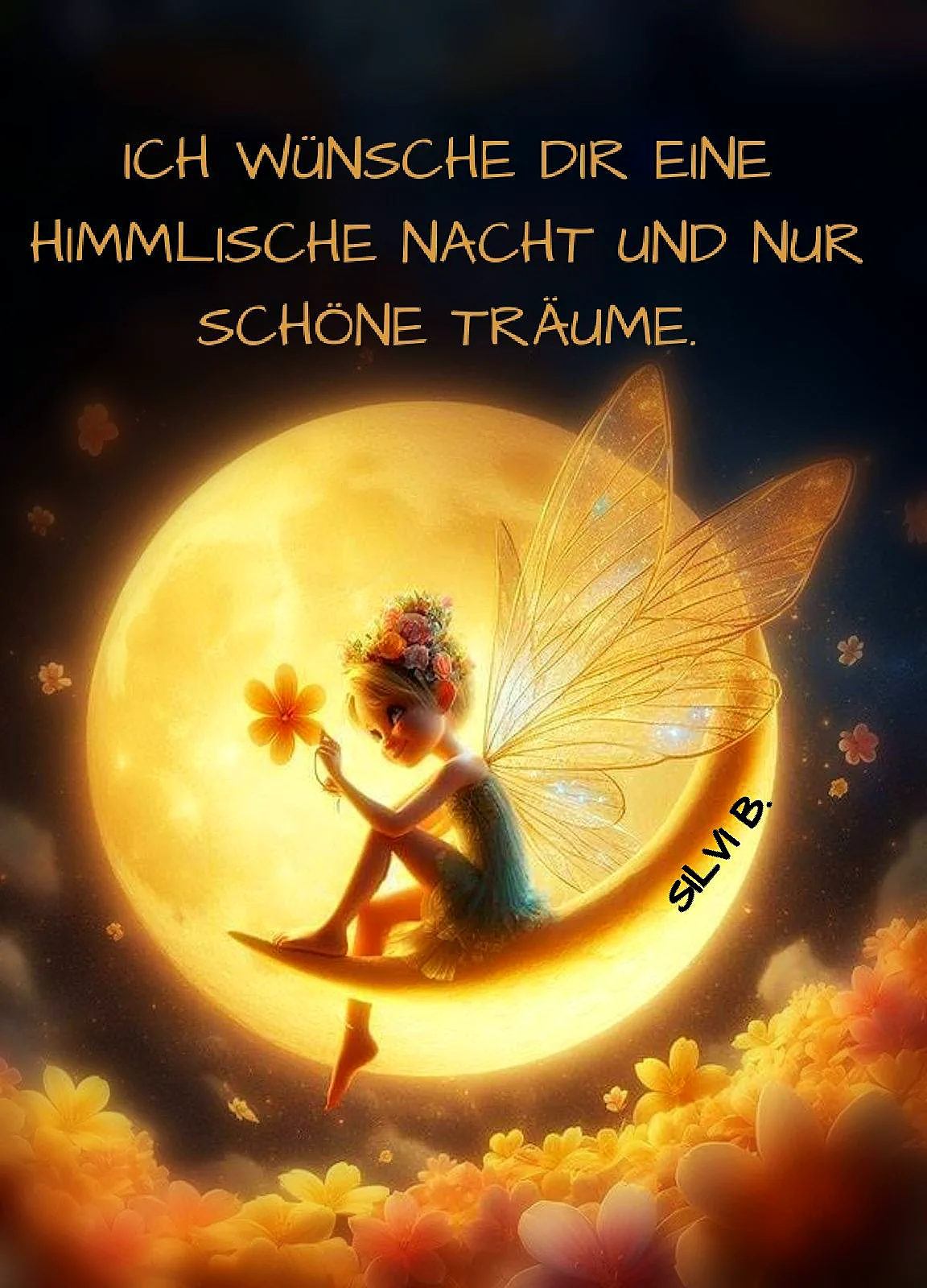 Eine bezaubernde Fee mit goldenen Flügeln sitzt auf einer leuchtenden Mondsichel vor einem strahlenden Vollmond. Sie hält eine kleine Blume, umgeben von warmen Blüten und funkelnden Lichtern in einer himmlischen Gute-Nacht-Szene.