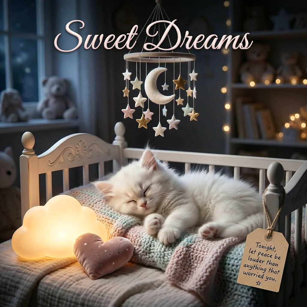 Ein flauschiges weißes Kätzchen schläft tief und fest in einem Babybett, umgeben von einem leuchtenden Wolkenlicht, einem rosa Herzchen und einem Mobiles mit Mond und Sternen, alles in einer zarten, ruhigen Nachtstimmung.
