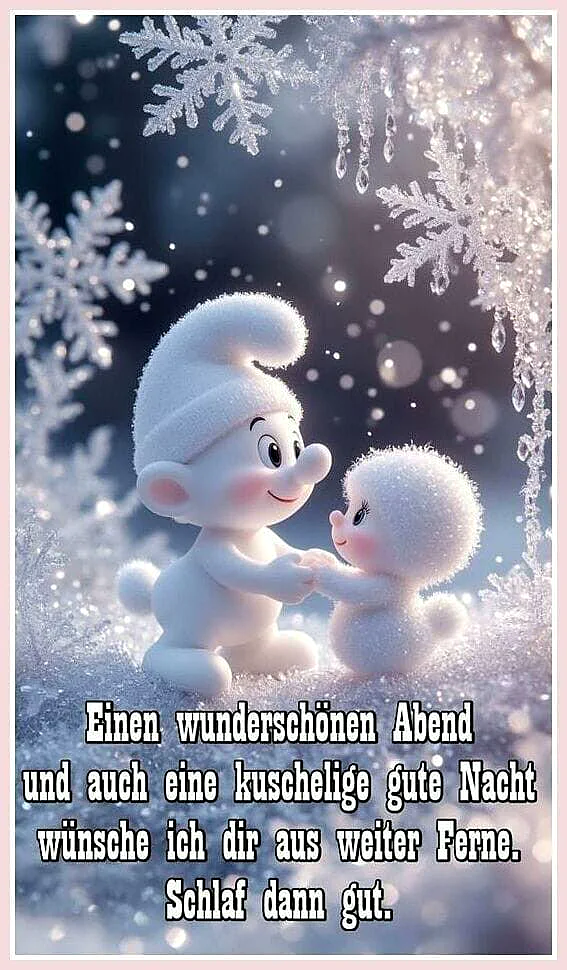 Ein Cartoon-Elch und ein Cartoon-Schneemann stehen zusammen im Schnee, umgeben von Schneeflocken und einem dunklen Hintergrund. Der Elch trägt eine Mütze und beide haben sie rosa Wangen. Der Elch hält den Schneemann an den Händen.