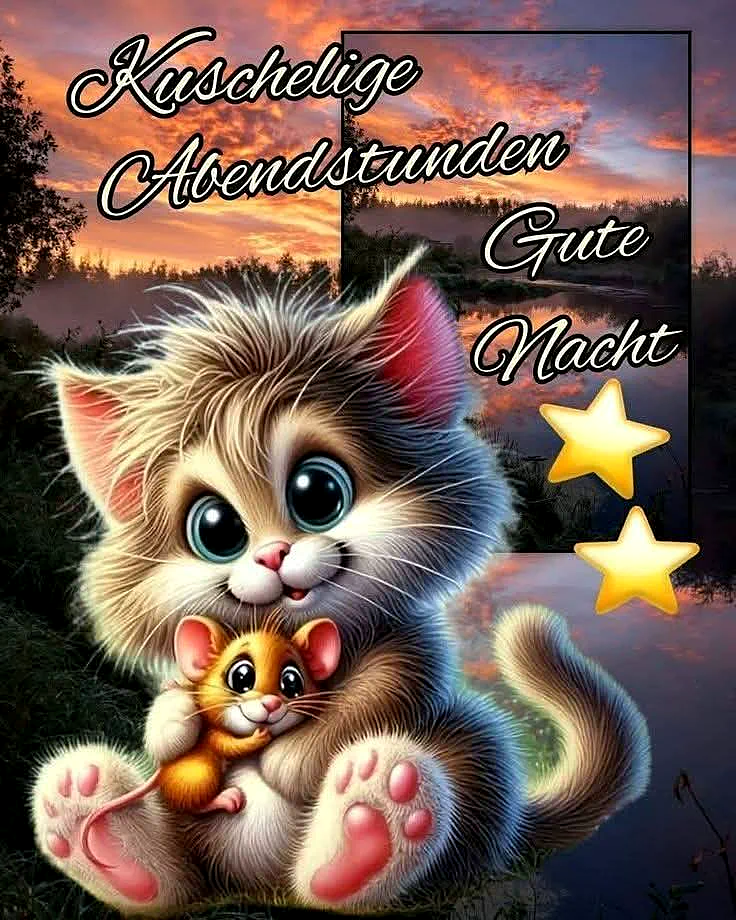 Ein sehr süßes, kuscheliges Cartoon-Kätzchen umarmt eine kleine Maus. Im Hintergrund schimmern die Farben des Sonnenuntergangs über einer ruhigen Waldlandschaft mit einem See. Zwei gelbe Sterne leuchten neben dem Gruß, der eine friedliche Abendstimmung vermittelt.