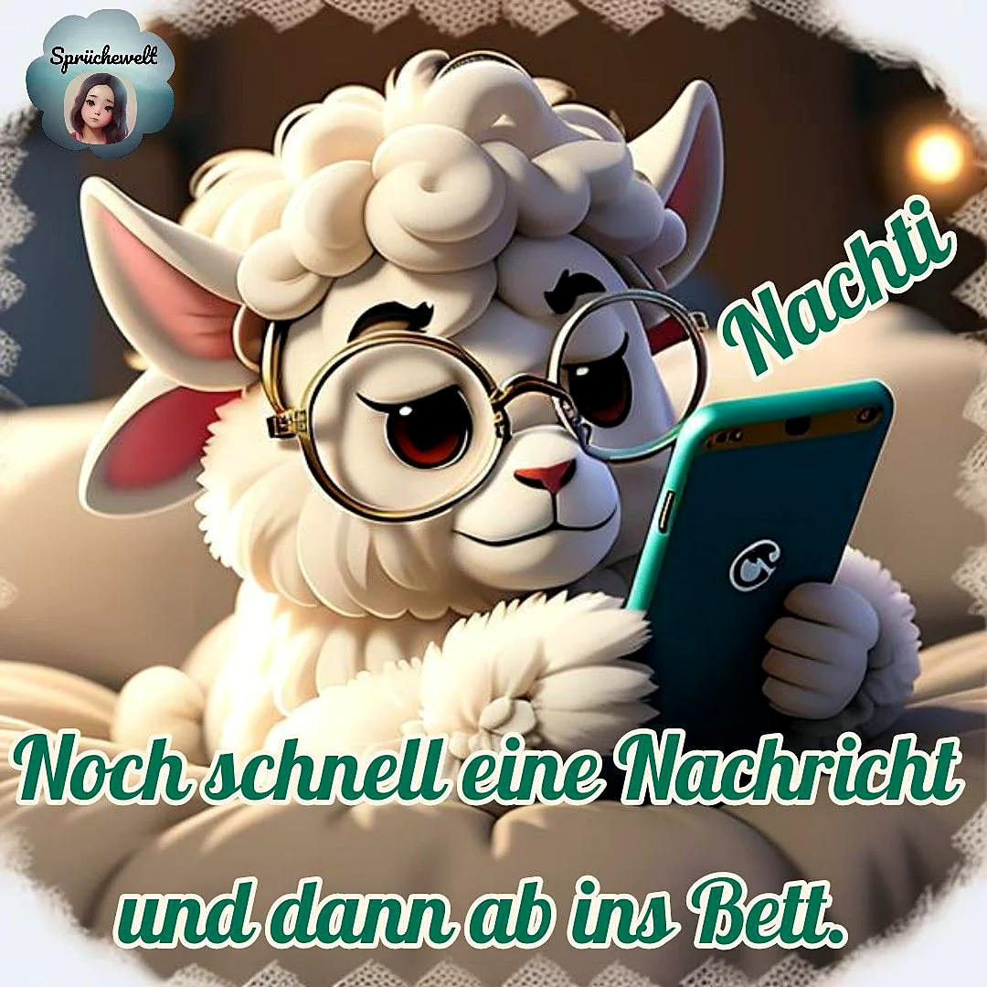 Ein flauschiges, weißes Cartoon-Schaf mit runder Brille schaut konzentriert auf sein teal-farbenes Smartphone. Es liegt gemütlich im Bett und liest die letzte Gute-Nacht-Nachricht. Eine humorvolle und entspannte Szene vor dem Einschlafen.