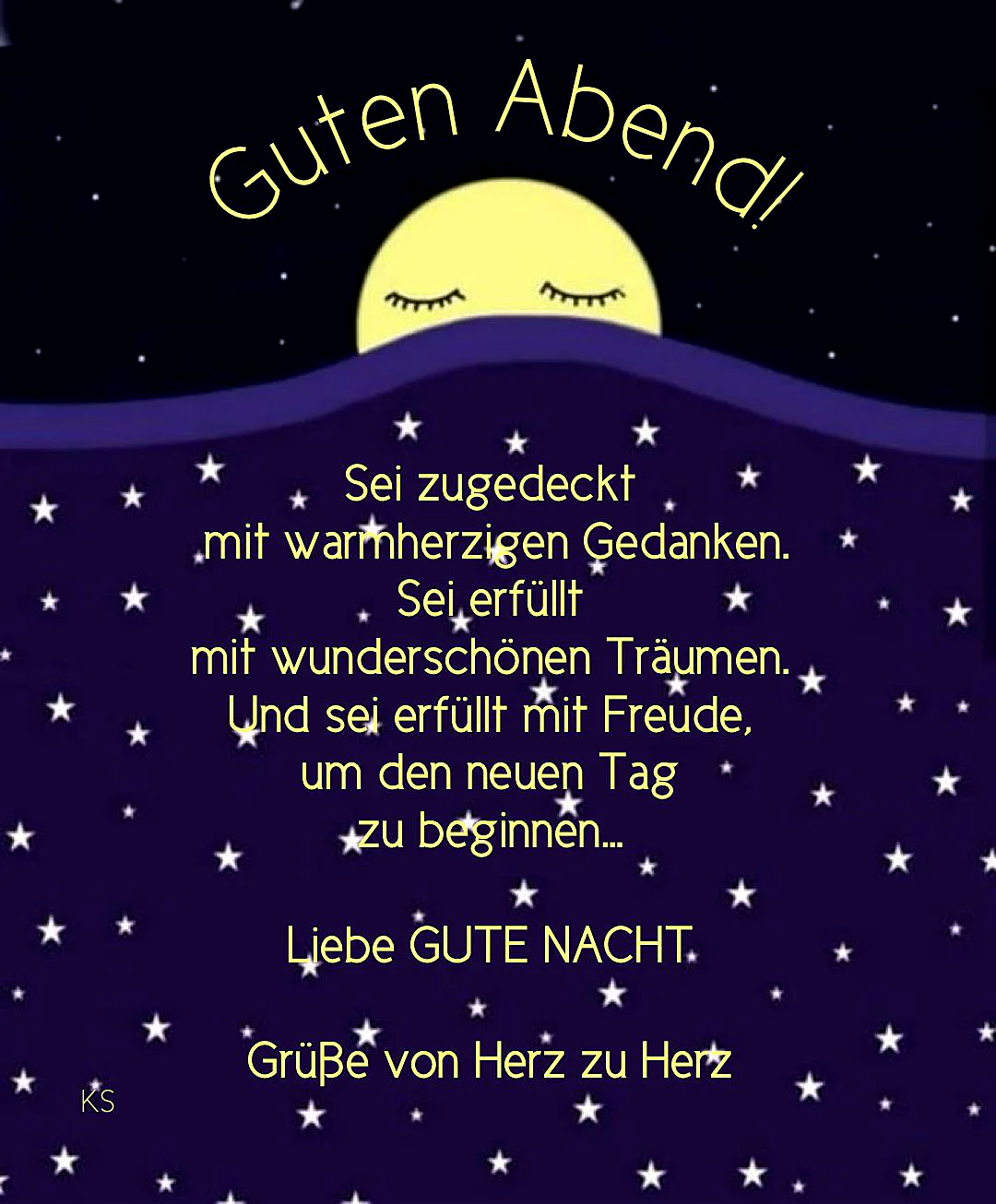 Ein Cartoon-Mond mit geschlossenen Augen liegt hinter einer Hügelkette, umgeben von Sternen in einem dunkelblauen Himmel. Der Mond hat ein friedliches Gesicht.
