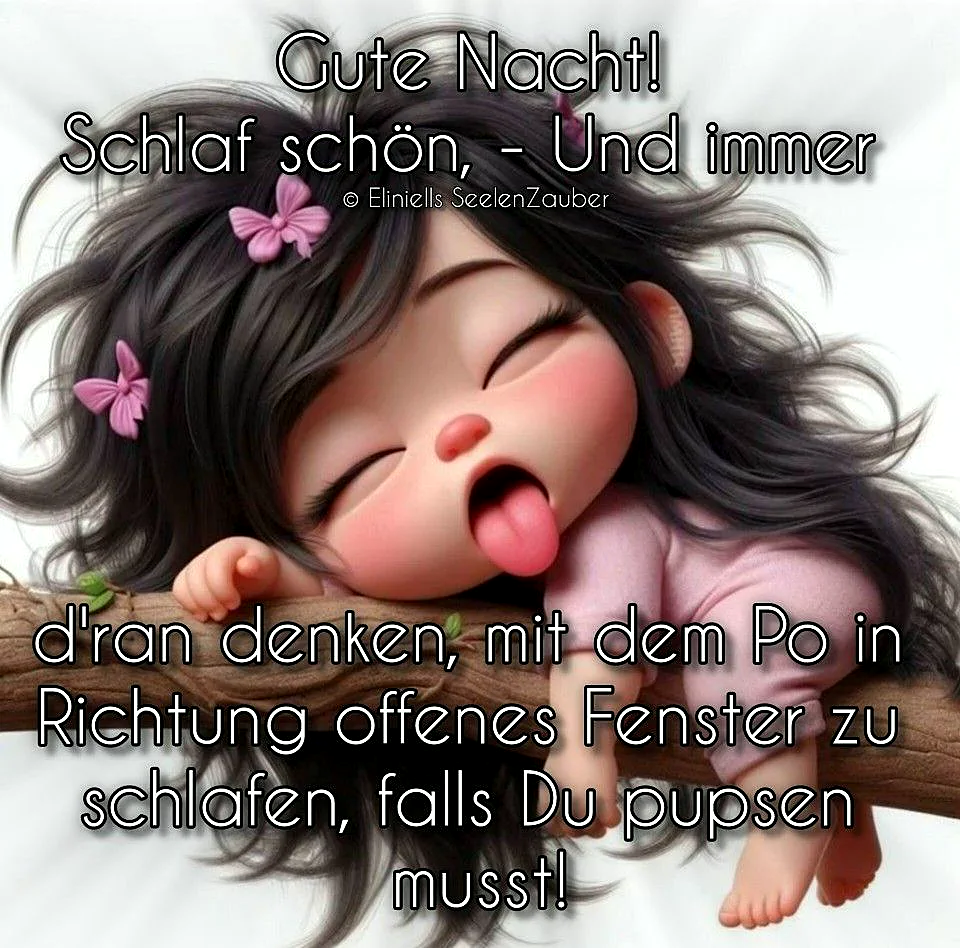 Niedliches Cartoon-Mädchen mit zerzausten schwarzen Haaren und rosafarbenen Schmetterlingen schläft auf einem Ast, die Zunge heraushängend. Ein humorvoller Gute-Nacht-Spruch begleitet dieses lustige Bild.