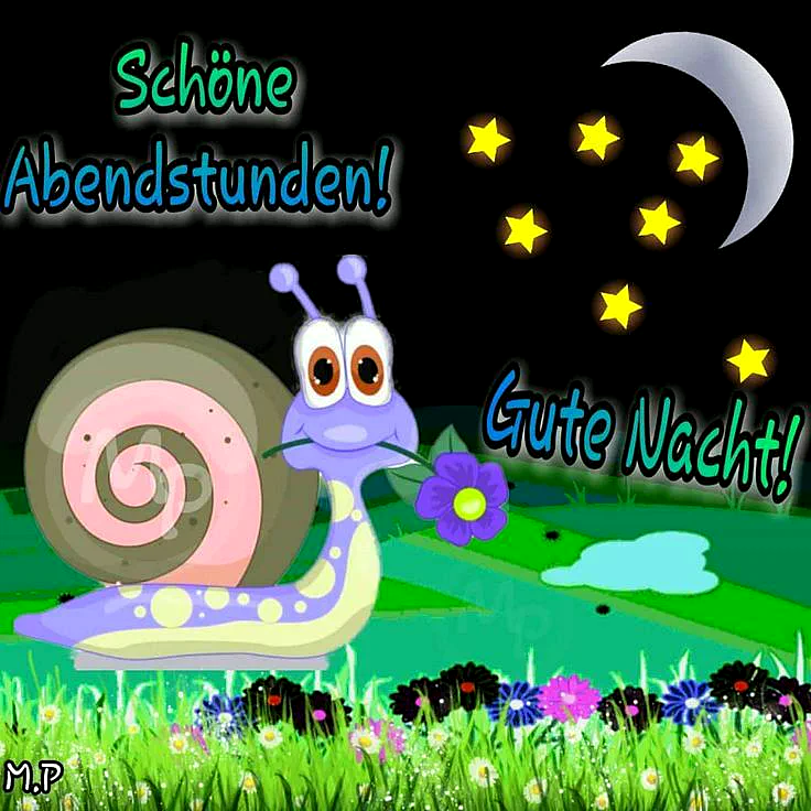 Ein cartoonartiger, lila Schnecke mit großen, braunen Augen und einem rosa-schwarzen Haus sitzt in einer grünen Wiese mit Blumen unter einem sternenklaren Nachthimmel mit Mond.
