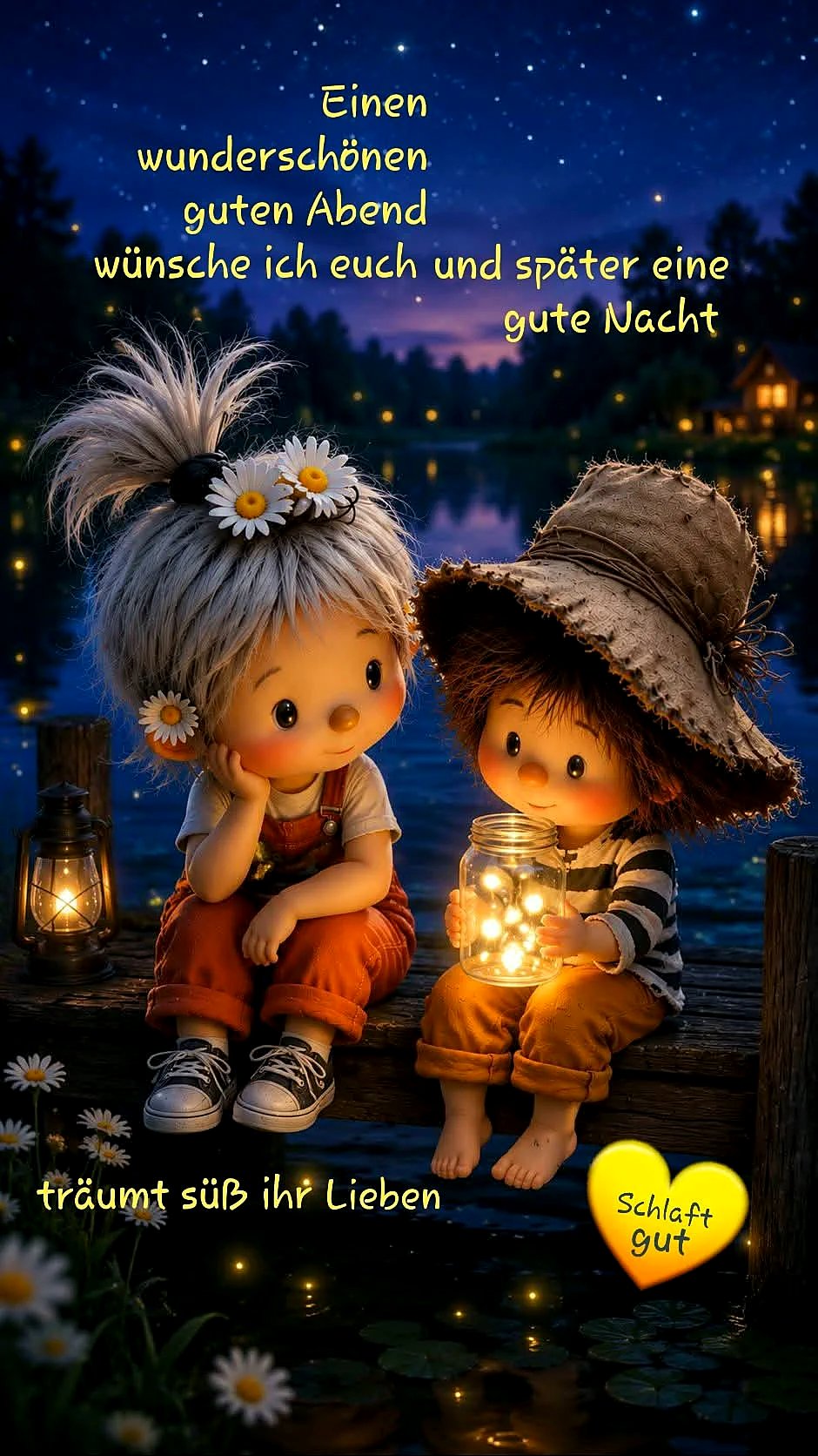 Zwei niedliche Kinderfiguren sitzen auf einem Holzsteg am See unter sternenklarem Himmel. Eine hält ein Glas mit warmen Lichtern, die andere eine Laterne. Gänseblümchen schmücken die Szene für besinnliche Gute-Nacht-Grüße.