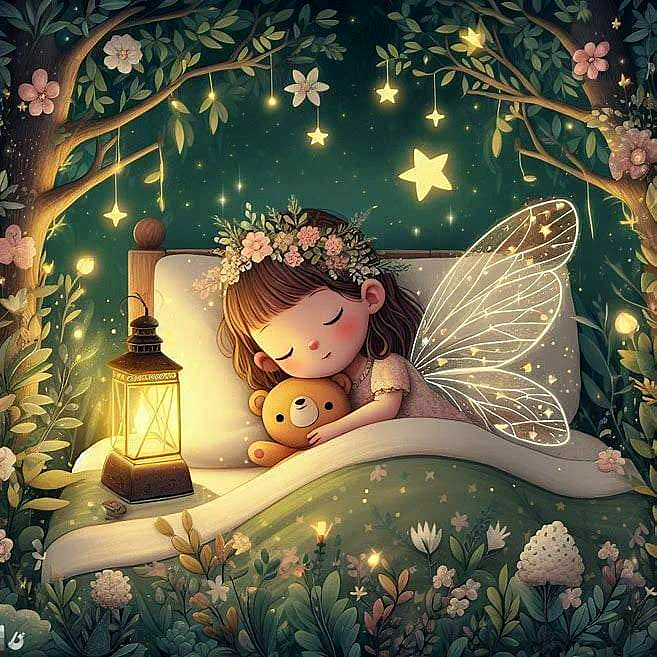 Ein Cartoon einer kleinen Fee, die auf einem Bett liegt, einen Teddybären umarmt und von einem warmen Licht umgeben ist. Sie trägt eine Blumenkrone und hat Flügel. Im Hintergrund blühen Blumen und es gibt einen grünen Himmel mit Sternen.