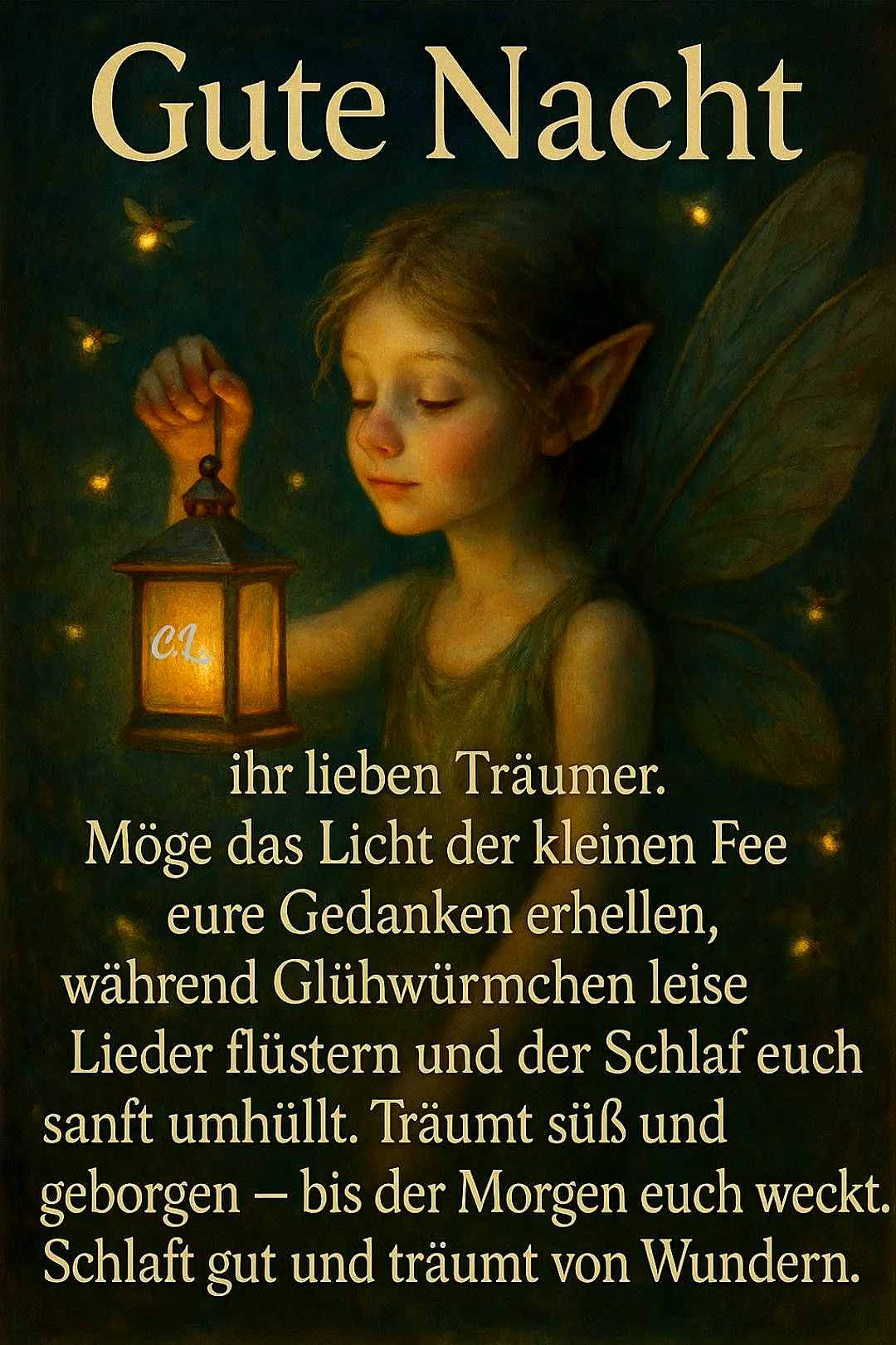 Ein Bild einer kleinen Fee mit Flügeln, die eine Laterne hält, umgeben von Glühwürmern in einer dunklen Nacht.