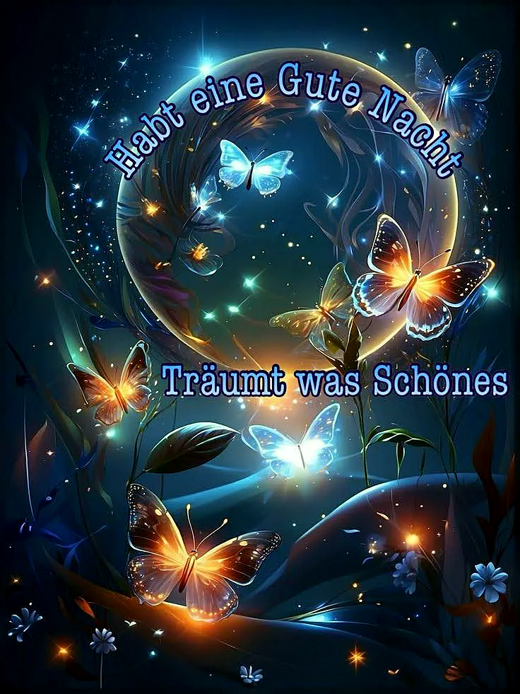 Ein digitales Kunstwerk mit leuchtenden Schmetterlingen, Blumen und Sternen vor einem dunklen, sternenklaren Himmel. Eine goldene Mondsichel umgibt die Schmetterlinge.