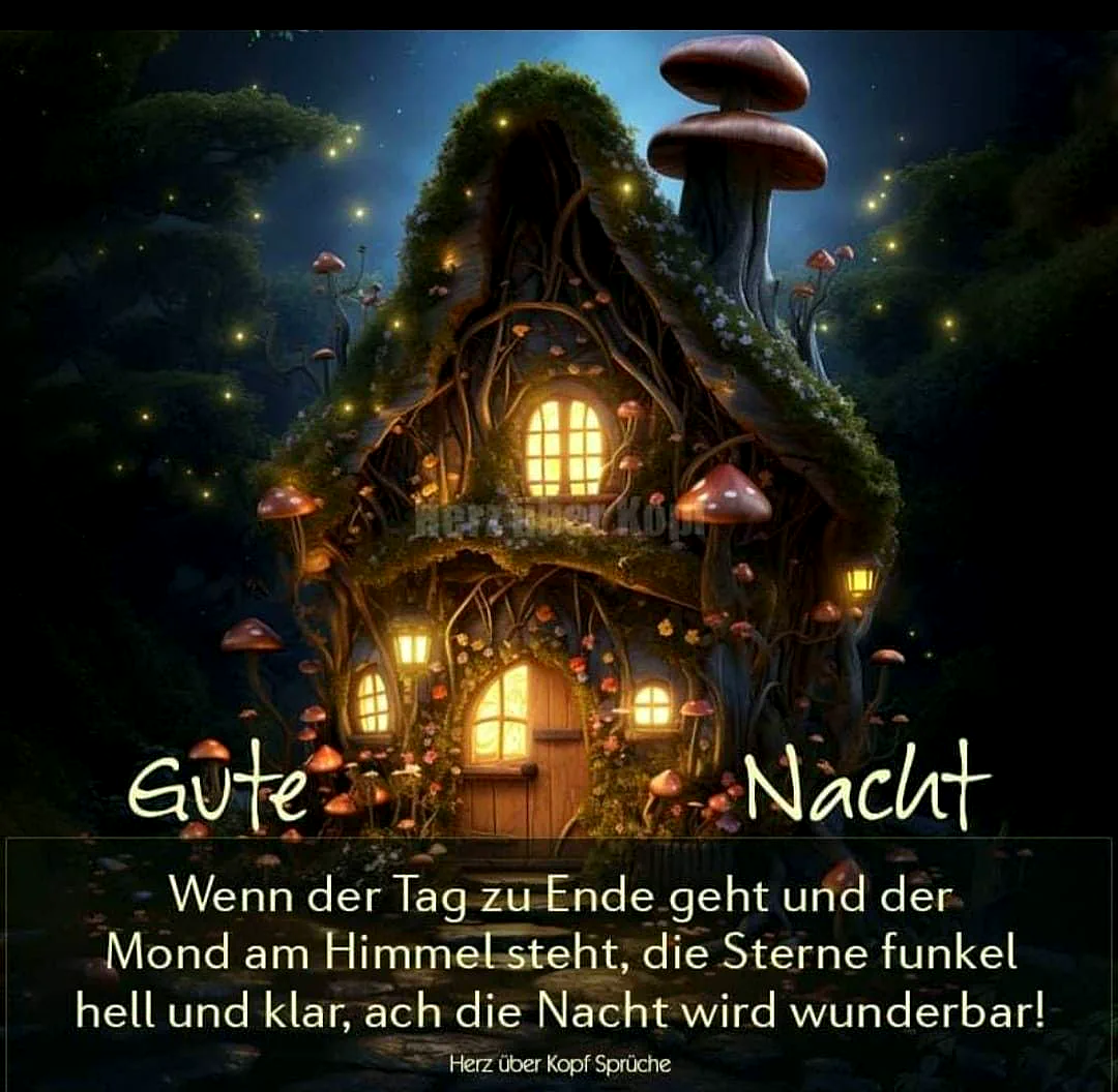 Ein fantasyartiges Haus mit moosbewachsenem Dach, umgeben von Pilzen und Feenlichtern in einer nächtlichen Waldszene