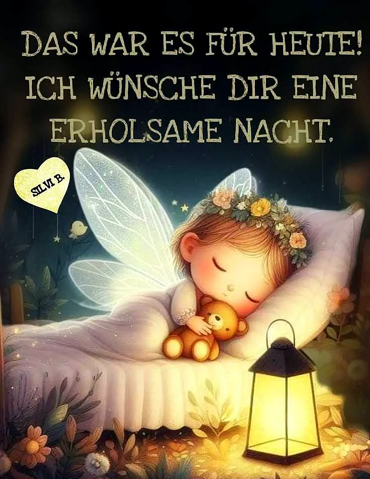 Eine bezaubernde Elfe mit zarten Flügeln schläft friedlich in einem weichen Bett. Sie hält einen Teddybären fest, umgeben von leuchtenden Pflanzen und einem warm strahlenden Laterne. Sterne glitzern am dunklen Nachthimmel und schaffen eine wunderschöne, ruhige Atmosphäre voller Geborgenheit und sanfter Träume.