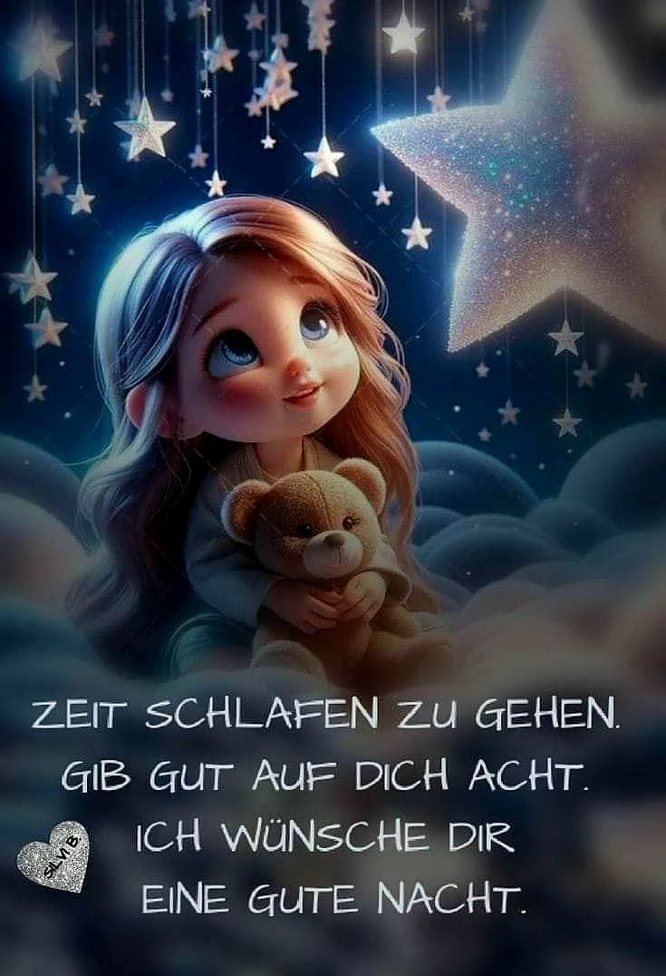 Ein digitales Bild einer kleinen, blonden Mädchen, das in einer sternenklaren Nacht einen Teddybären hält. Sie sitzt auf Wolken, umgeben von herabfallenden Sternen.