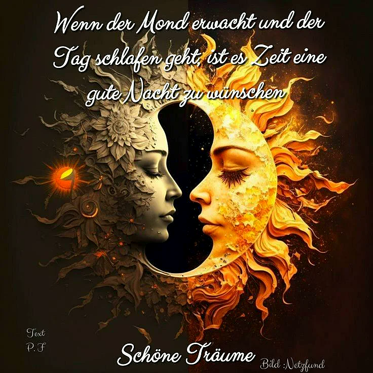 Abstrakte Kunst mit zwei stilisierten Frauengesichtern, die Tag und Nacht symbolisieren. Eine blasse Figur ist von floralen Elementen umgeben, die andere ein goldenes Sonnengesicht als Halbmond. Eine mystische, friedliche Stimmung für Gute-Nacht-Wünsche.