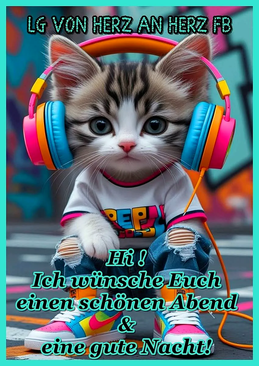 Ein niedliches Kätzchen mit Kopfhörern und T-Shirt sitzt auf einem Boden mit Graffiti-Wand im Hintergrund. Der Kater trägt ein weißes T-Shirt mit bunten Buchstaben, blaue Jeans mit Löchern und bunte Schuhe.