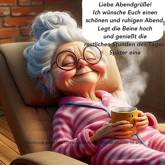 Eine glückliche Cartoon-Dame mit Brille und grauem Haar entspannt friedlich in einem Sessel, die Augen geschlossen. Sie trägt einen rosa Schlafanzug und hält eine dampfende Tasse, die Wärme ausstrahlt, perfekt für einen ruhigen Abend.
