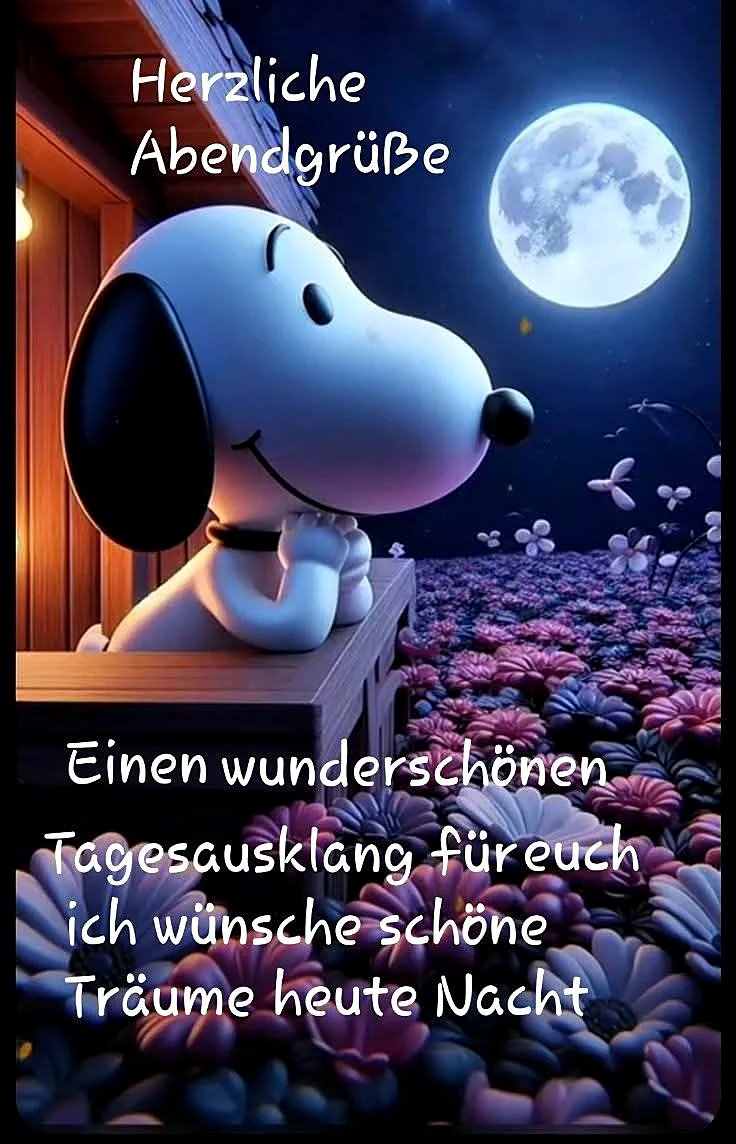 Snoopy sitzt auf einer Holzbank in einem leuchtenden Blumenfeld. Ein heller Vollmond erhellt die Szene mit lila Blüten. Ein ruhiger Abendgruß, der süße Träume wünscht.