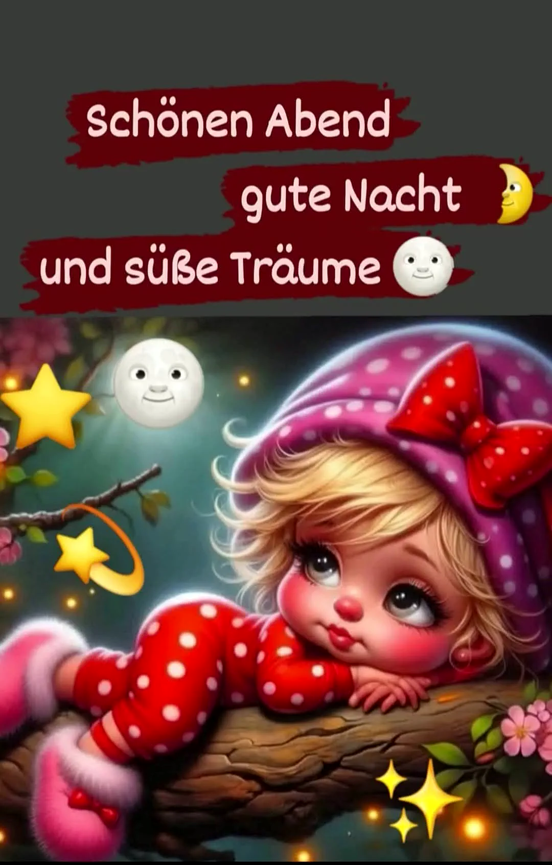 Ein entzückendes Cartoon-Mädchen in pinker Schlafmütze und rotem Strampler liegt auf einem Ast. Funkelnde Sterne und ein lächelnder Mond umgeben die Szene, die eine magische, friedliche Gute-Nacht-Stimmung für süße Träume verströmt.