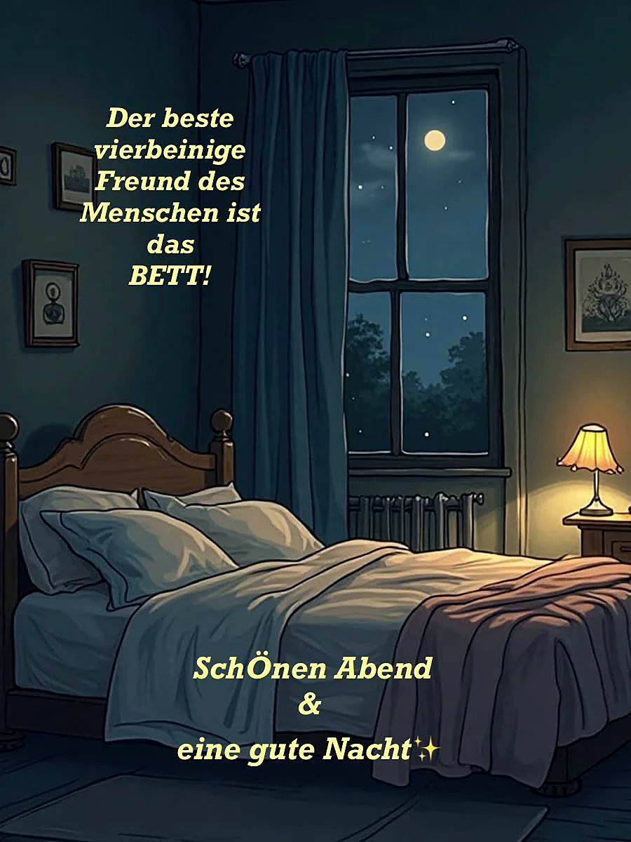 Ein illustriertes Schlafzimmer bei Nacht mit einem gemütlich gemachten Holzbett, vor einem Fenster, durch das der Mond und Sterne leuchten. Eine warme Lampe spendet sanftes Licht, und der humorvolle Spruch über das Bett als besten Freund sorgt für eine entspannte Stimmung.