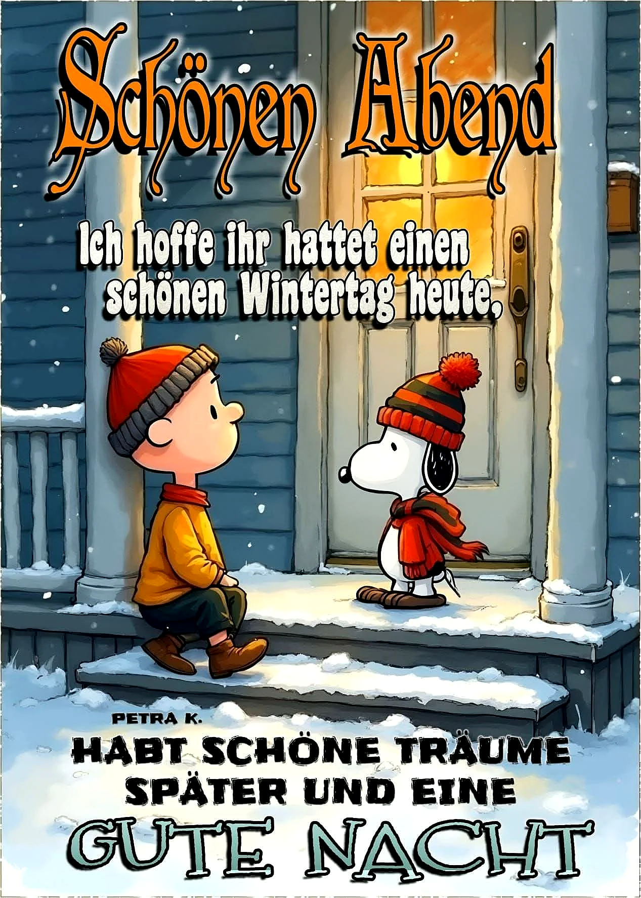Ein Cartoon-Bild von einem Jungen und einem Hund, die auf den Stufen eines Hauses sitzen, beide tragen warme Winterkleidung, im Hintergrund eine Tür mit Licht, Schnee liegt auf den Stufen.