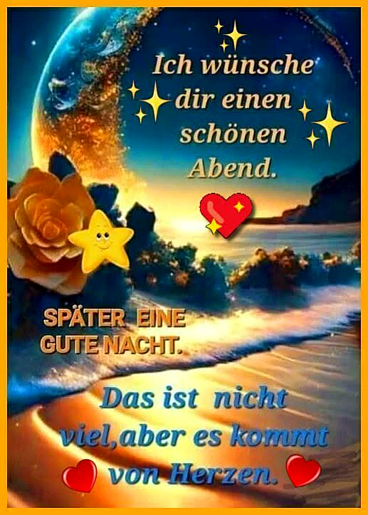 Ein Bild mit einer goldenen Rose, einem Stern und einem Herz vor einer atemberaubenden Landschaft mit einer Küste, einem Berg und einer Abendsonne. Der Himmel ist dunkelblau mit Sternen und einem großen Mond.