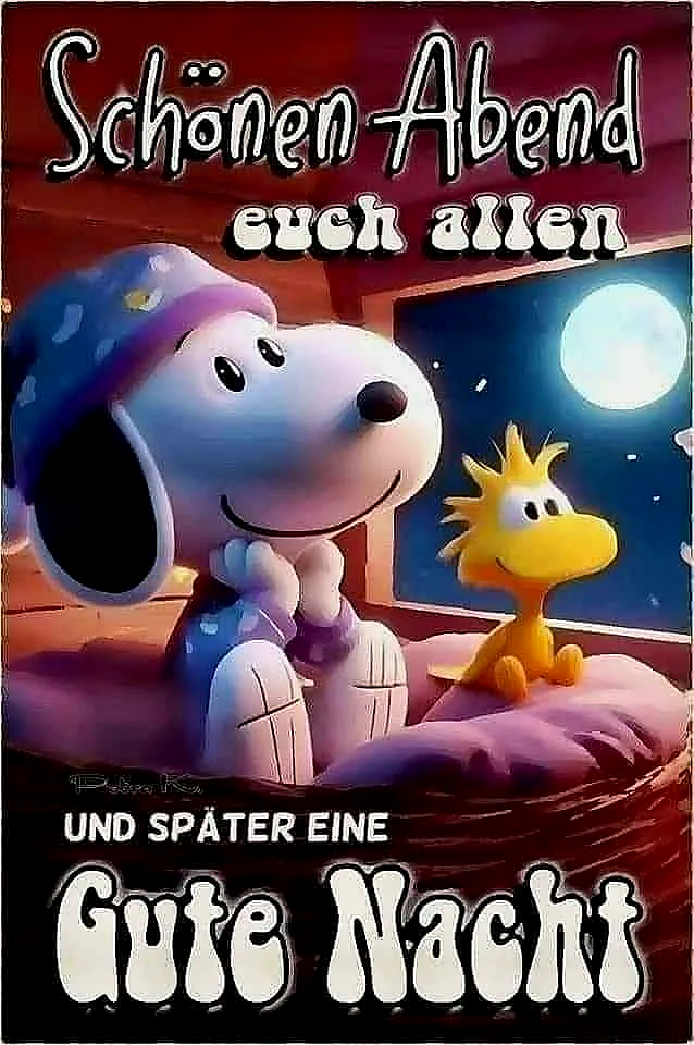 Ein Bild von Snoopy und Woodstock, die aus einem Fenster auf den Vollmond schauen. Snoopy trägt eine Schlafkappe. Beide Charaktere lächeln.