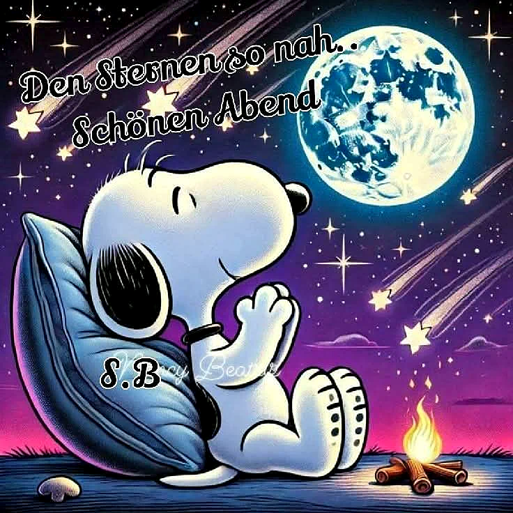 Snoopy sitzt friedlich unter einem leuchtenden Vollmond und zahlreichen Sternschnuppen am Lagerfeuer, den Blick sehnsüchtig gen Himmel gerichtet. Ein gemütliches Gute-Nacht-Bild mit einem Gefühl von Wärme und Geborgenheit.