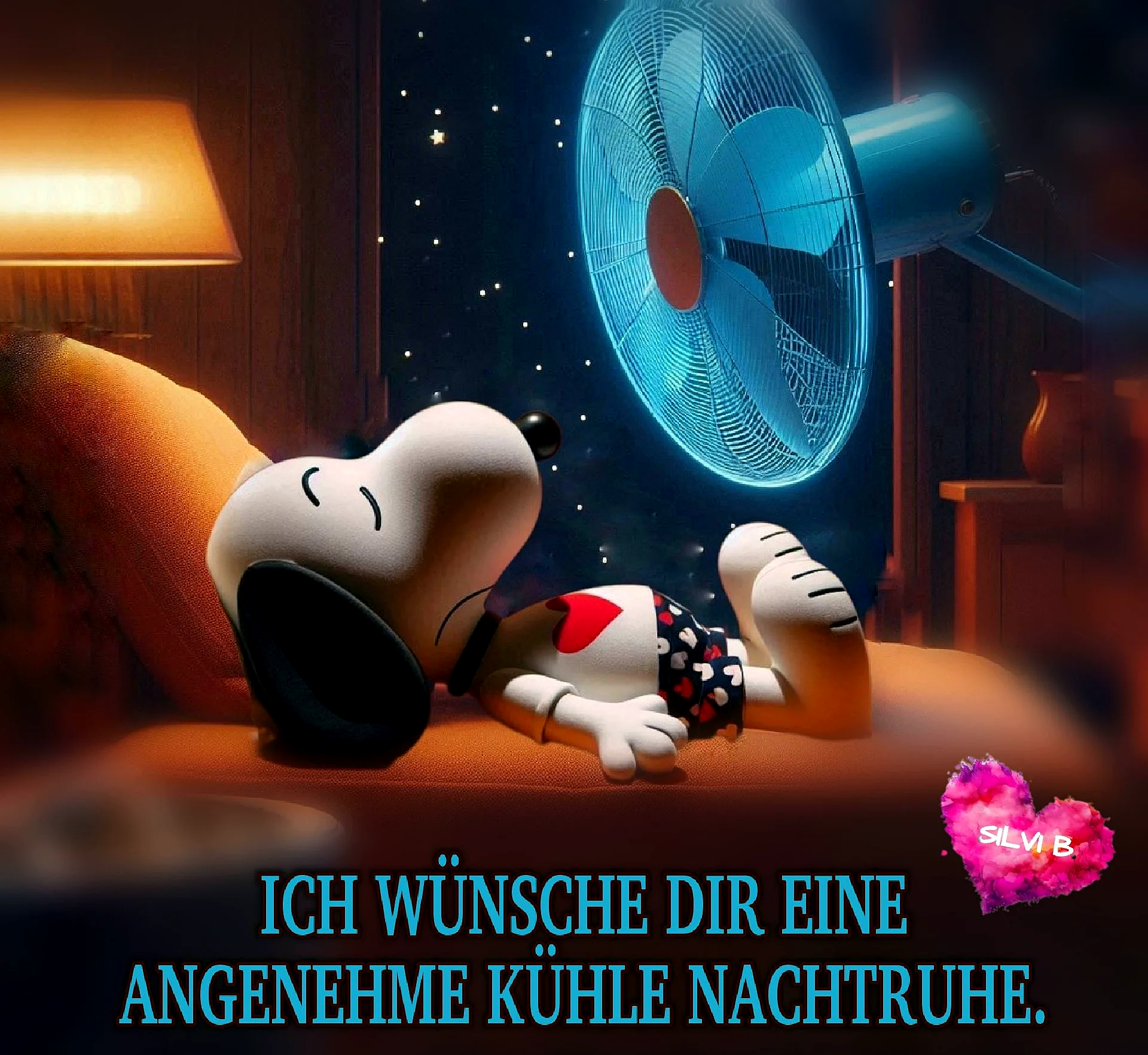 Ein Cartoon von Snoopy liegt auf einem Bett und schläft, während ein Ventilator auf ihn gerichtet ist. Im Hintergrund ist ein Nachthimmel mit Sternen sichtbar.