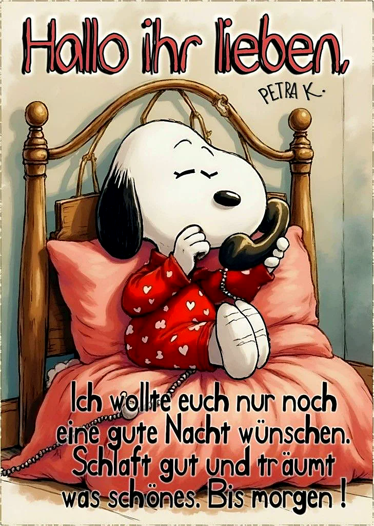 Snoopy liegt gemütlich im Bett in roten Schlafanzug mit Herzchenmuster, hält einen Telefonhörer und wünscht eine gute Nacht. Eine friedliche Szene mit warmen Farben, perfekt zum Einschlafen.