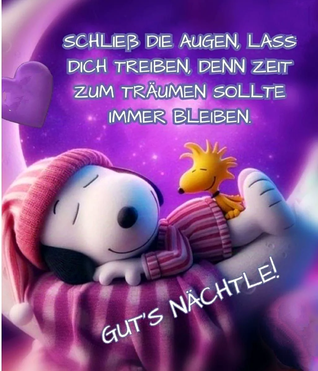 Snoopy schläft in rosa Pyjama und Mütze, Woodstock ruht auf seinem Rücken. Ein verträumter violetter Hintergrund mit Sternen und einem schimmernden Herz umgibt die friedliche Szene, die zum Träumen einlädt. Ein süßer Gute-Nacht-Gruß.