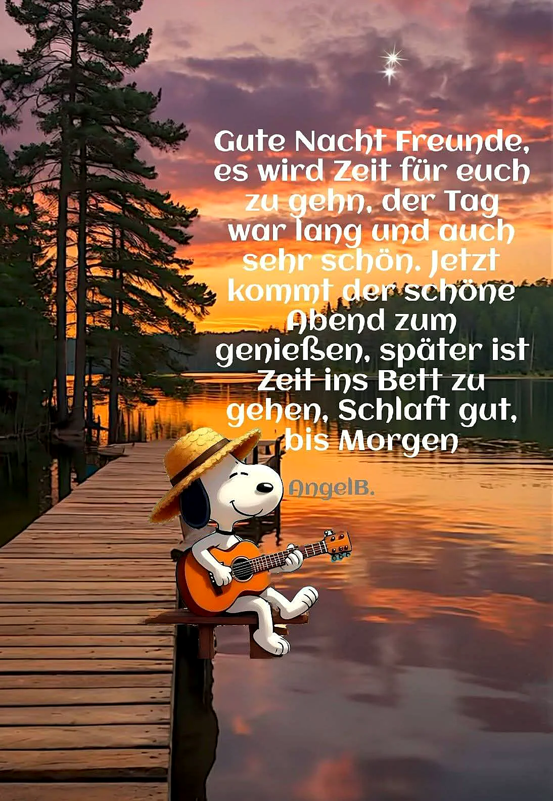 Ein Cartoon von Snoopy sitzt auf einem Steg am Wasser, trägt einen Hut und spielt Gitarre, während im Hintergrund ein Sonnenuntergang mit Bäumen und einem sternenklaren Himmel zu sehen ist.