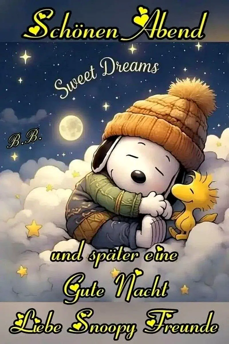 Ein Cartoon von Snoopy, der auf Wolken schläft, umgeben von Sternen und einem Vollmond. Snoopy trägt eine braune Mütze und eine grüne Jacke. Neben ihm steht Woodstock.