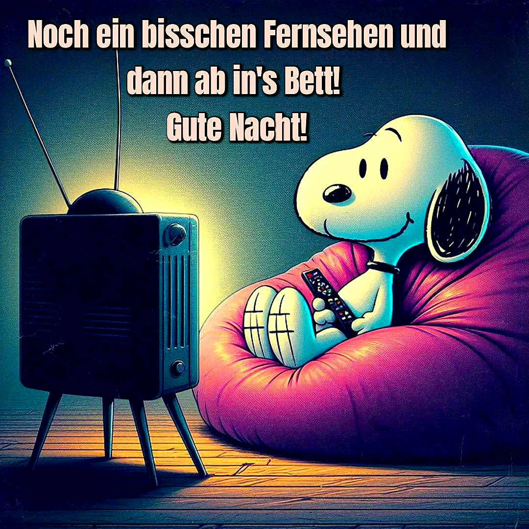 Ein Cartoon von Snoopy sitzt auf einem rosa Beanbag und schaut fern. Er hält eine Fernbedienung in der Pfote. Neben ihm steht ein alter Fernseher.