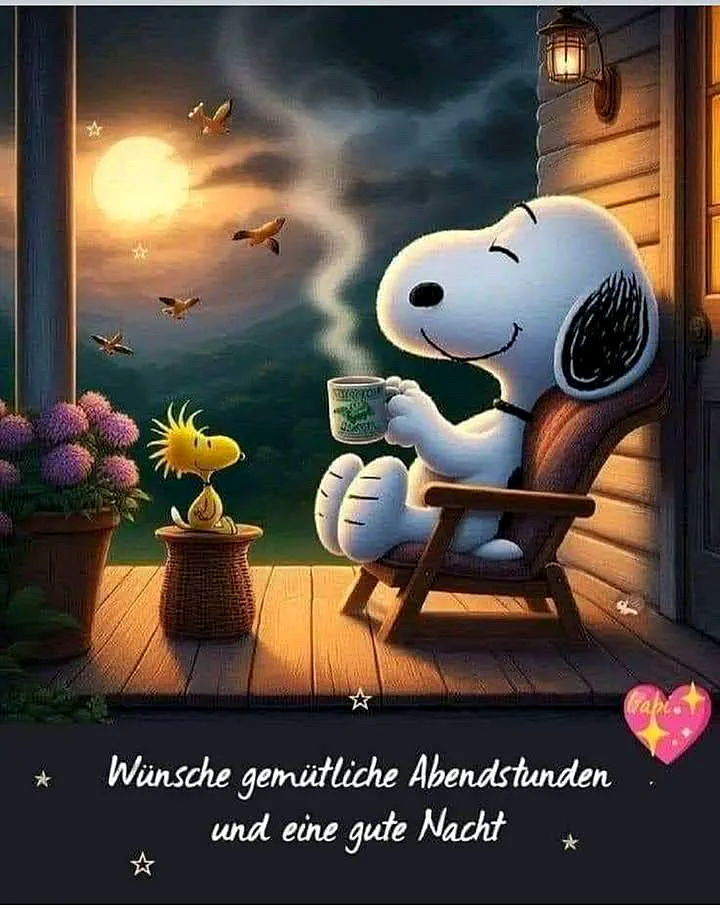 Snoopy sitzt entspannt im Liegestuhl mit Tasse, Woodstock auf Korb. Abendliche Szene auf Holzterrasse mit Mond, Vögeln und Laterne. Eine friedliche Gute-Nacht-Atmosphäre zum Teilen.