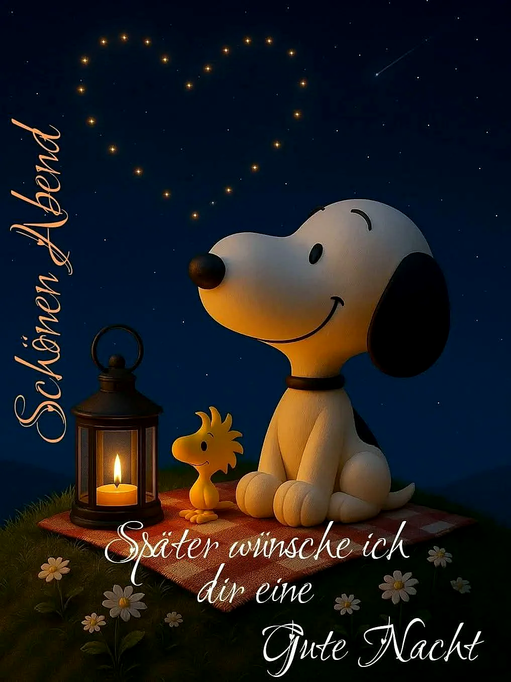 Die Figuren Snoopy und Woodstock sitzen nachts auf einer karierten Decke, umgeben von Gänseblümchen. Ein Laternenlicht und Sterne in Herzform erhellen die Szene, die Ruhe und Geborgenheit ausstrahlt. Eine Sternschnuppe zieht am dunklen Himmel vorbei.
