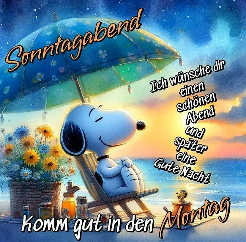 Ein Cartoon von Snoopy sitzt in einem Liegestuhl am Strand unter einem bunten Sonnenschirm neben einer Vase mit gelben und blauen Blumen bei Sonnenuntergang