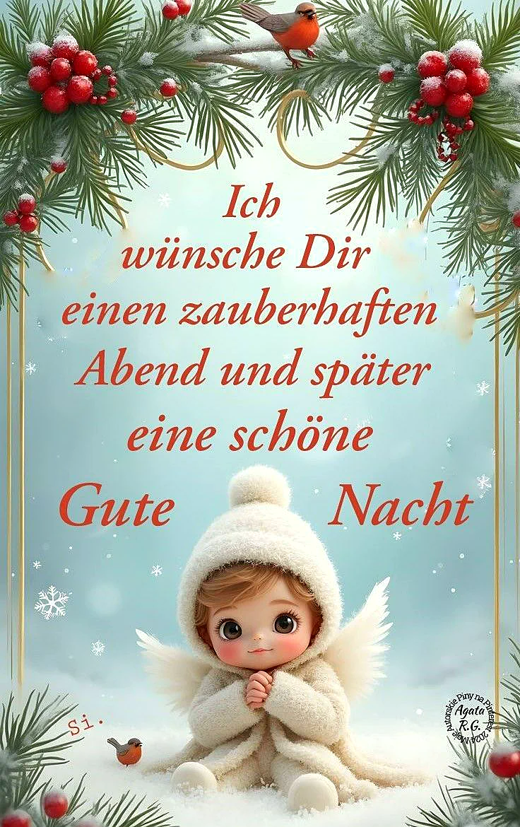 Ein entzückendes Babyengelchen in flauschiger Winterkleidung sitzt im Schnee, umrahmt von Tannenzweigen, roten Beeren und kleinen Rotkehlchen. Der hellblaue Hintergrund mit Schneeflocken schafft eine friedliche, winterliche Szene.