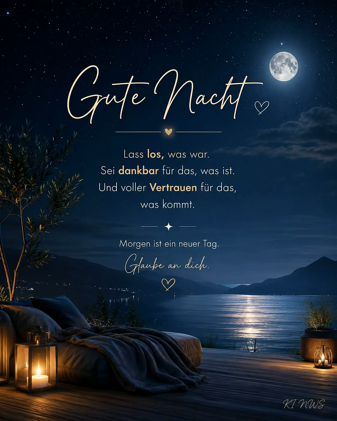 Ein friedliches Gute Nacht Bild bei Vollmond über einem ruhigen See. Gemütliches Outdoor-Bett, Kerzenlaternen und Sternenhimmel schaffen eine entspannte Atmosphäre. Berge im Hintergrund runden die Szene ab.