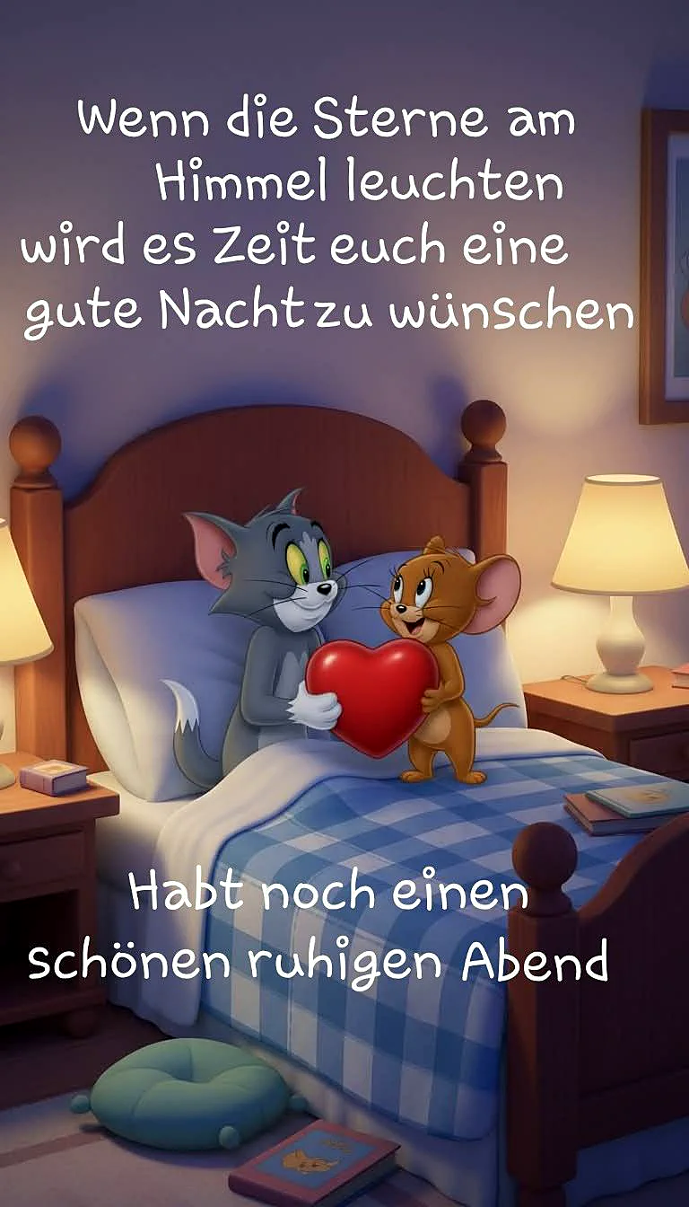 In einem gemütlichen Schlafzimmer sitzen Tom und Jerry auf einem Bett mit blau-karierter Decke. Jerry hält ein rotes Herz, während Tom lächelnd daneben sitzt. Sie wünschen eine gute Nacht und einen ruhigen Abend.