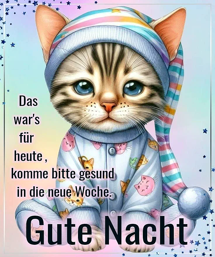 Ein niedliches Katzenbaby in einem bunten Schlafanzug und einer Mütze sitzt vor einem pasteligen Hintergrund mit Sternen, der den Wunsch nach einer guten Nacht übermittelt.