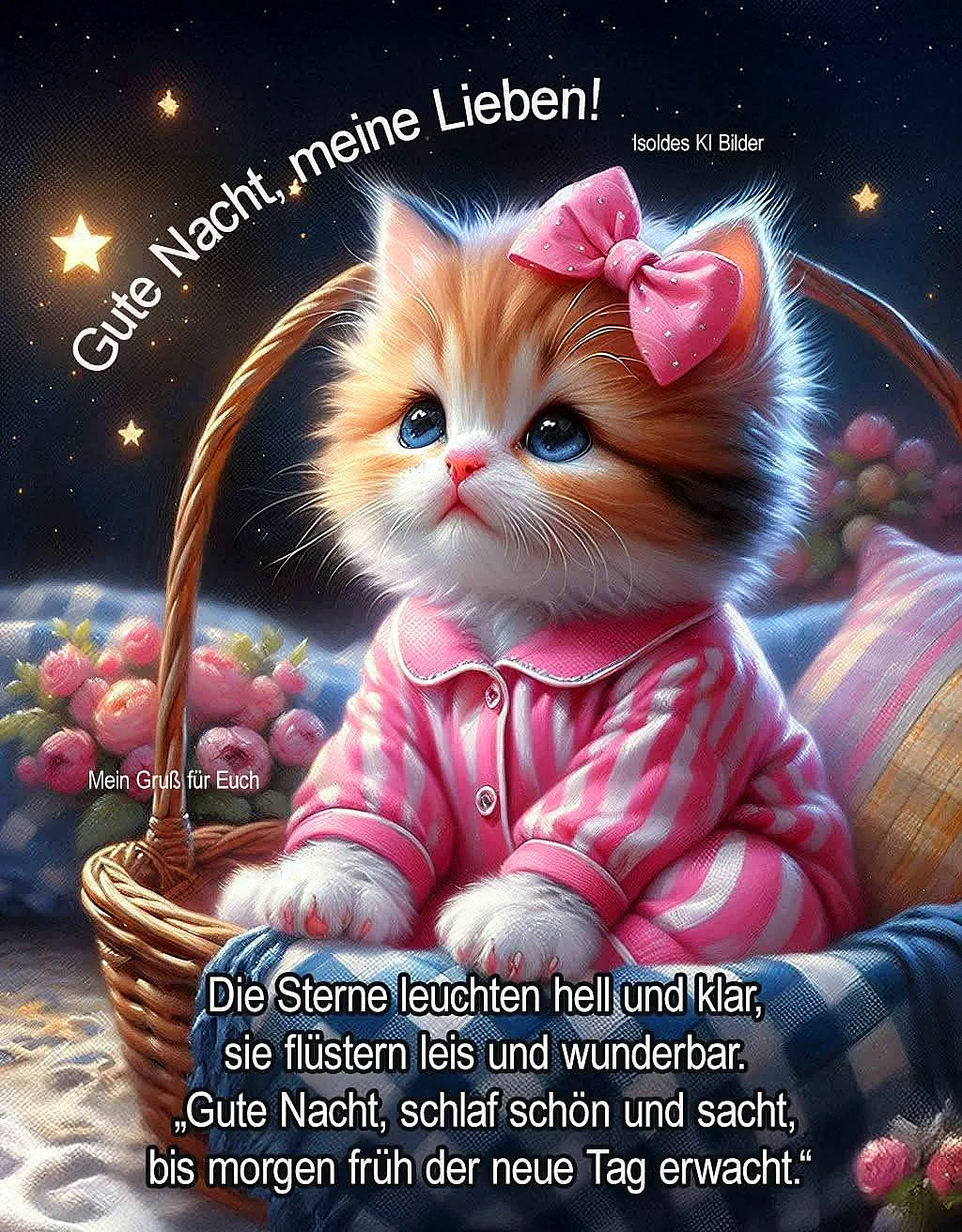 Ein niedliches Katzenbaby mit pinkem Kleid und Schleife sitzt in einem Korb unter Sternenhimmel, umgeben von Blumen. Die Katze sieht direkt in die Kamera.