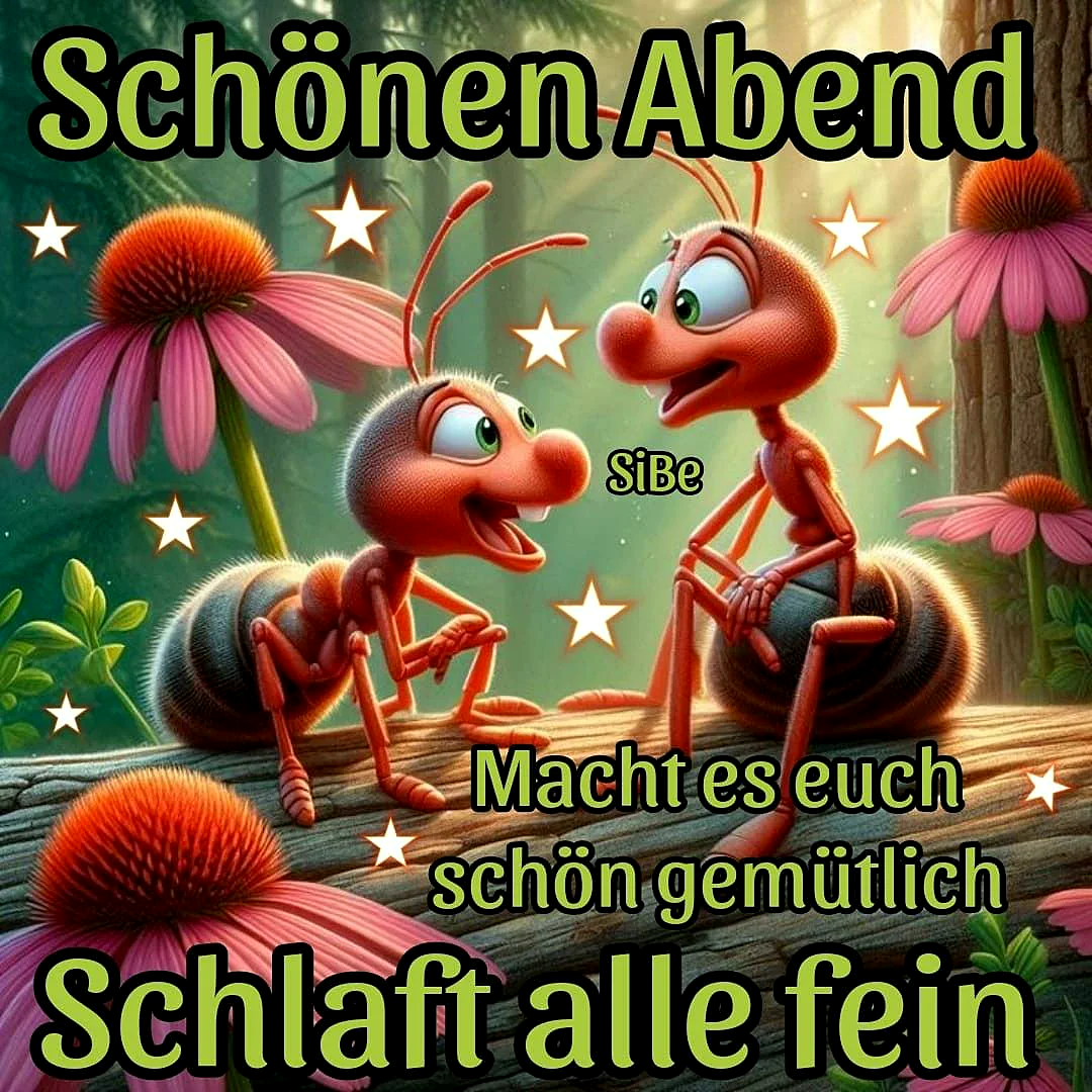 Zwei freundliche Cartoon-Ameisen sitzen entspannt auf einem Ast zwischen rosa Blüten. Im Hintergrund leuchten Sterne, die eine warme und friedliche Abendstimmung erzeugen. Sie schauen sich an und lächeln, umgeben von grünem Laub, was eine herzliche Botschaft für die Nacht vermittelt.