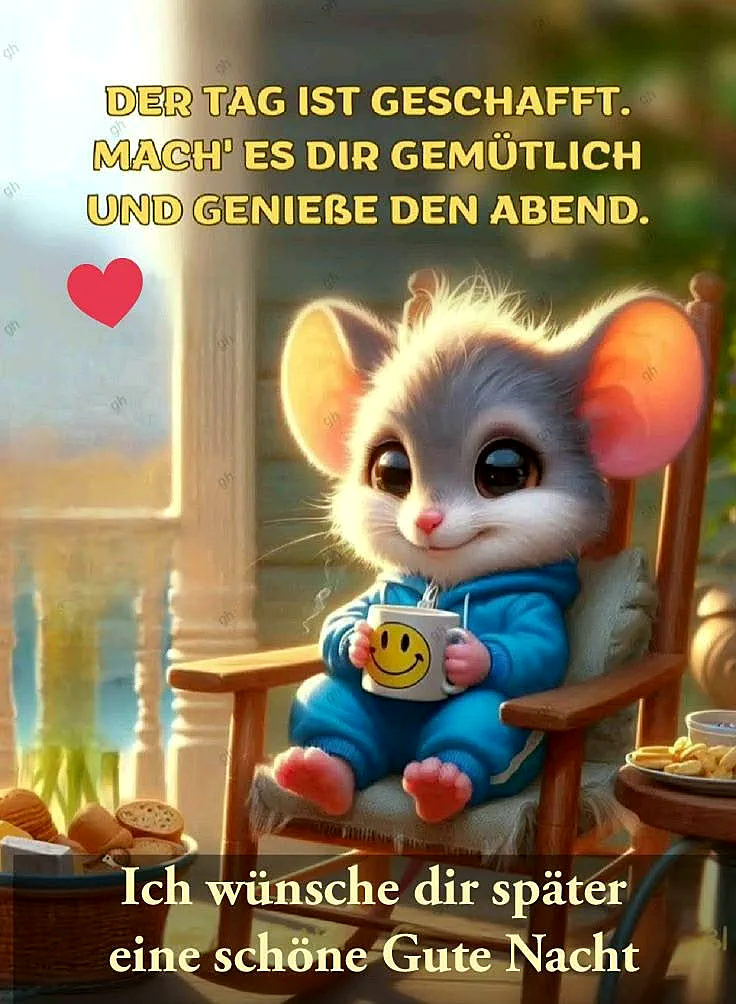 Ein süßes Mäuschen sitzt im Holzschaukelstuhl, trinkt aus einer Tasse mit Smiley-Gesicht. Es ist Abend, und die Szene strahlt Gemütlichkeit aus. Ein rotes Herz schwebt darüber, dazu ein liebevoller Gute-Nacht-Wunsch.