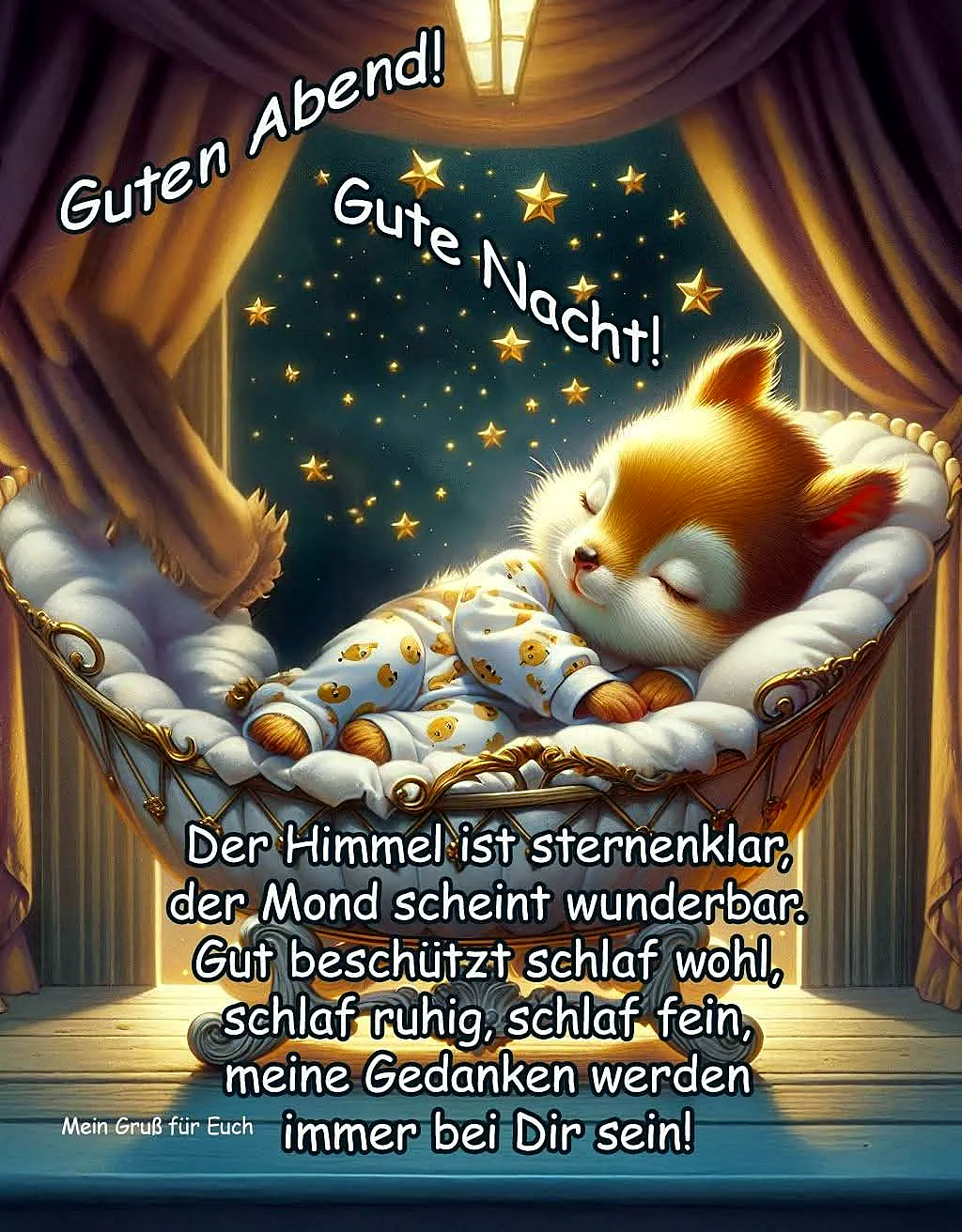 Ein Cartoon-Hund in einem Korb, schlafend unter einem sternenklaren Himmel mit goldenen Vorhängen und einer warmen Lichtquelle.